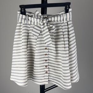 Blue Rain Gray Striped Paperbag Waist Button Front Skirt